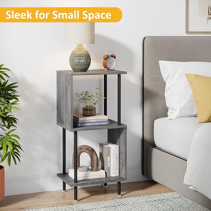 3 Tier Modern Bookshelf, S-Shaped Bookcase,Small Book Shelf for Small Spaces, Unique Bookshelf for Storage Organizer Living Room Bedroom Home Office, Grey - LeafyLoom