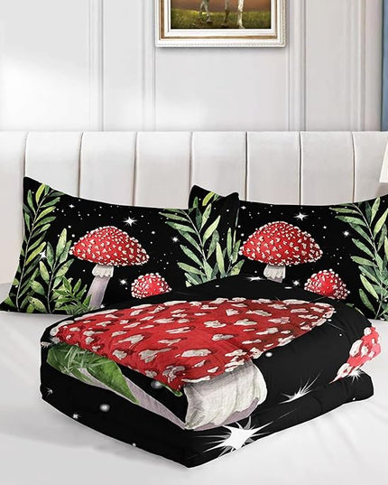 Galaxy Mushroom Comforter Set Queen Size Kids Mushroom Bedding Set Leaves Quilt Bed Set for Boys Girls Adults with 1 Comforter and 2 Pillowcases - LeafyLoom