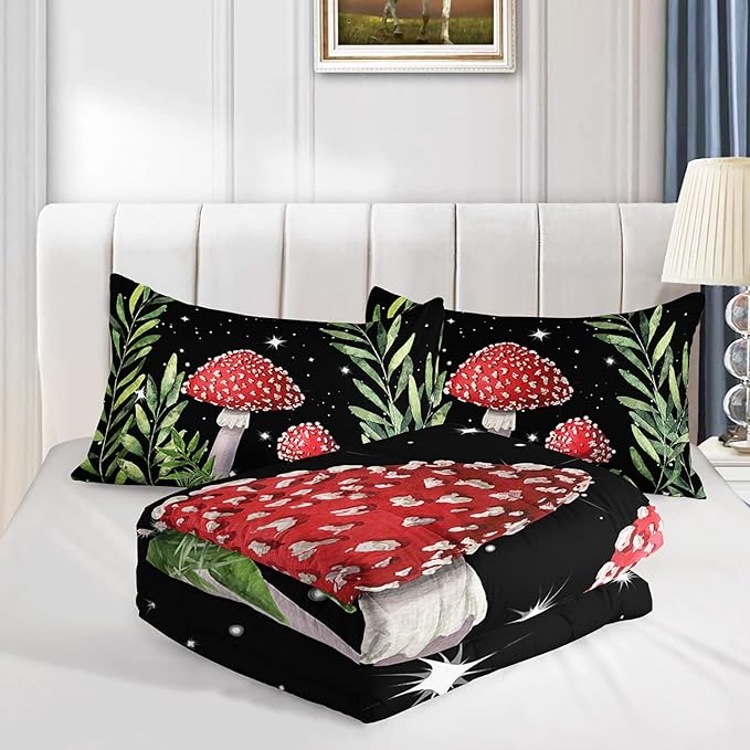 Galaxy Mushroom Comforter Set Queen Size Kids Mushroom Bedding Set Leaves Quilt Bed Set for Boys Girls Adults with 1 Comforter and 2 Pillowcases - LeafyLoom