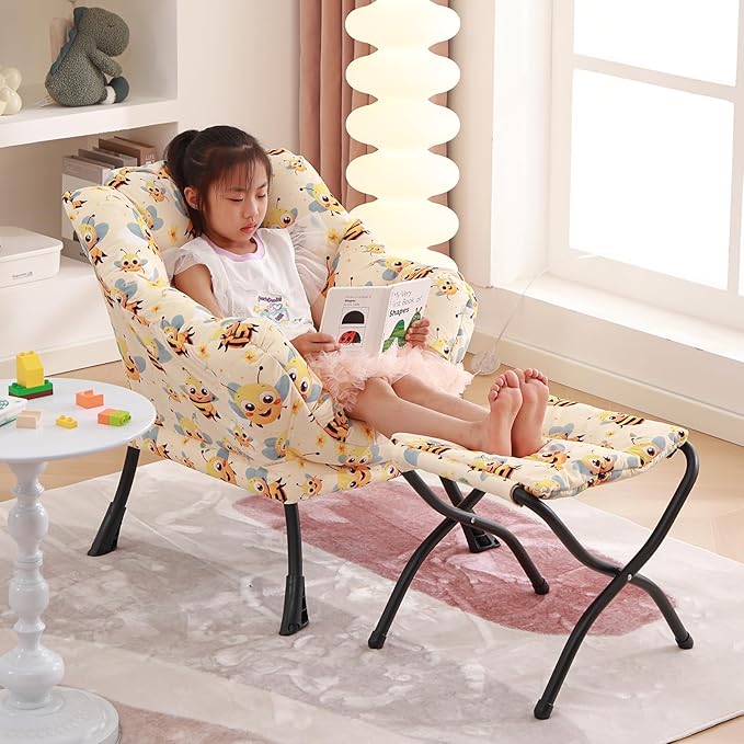 Welnow Toddler Kids Lazy Chair with Ottoman, Glow in The Dark Accent Comfy Lounge Children Armchair Couch with Removable Cover, Detachable Reading Chair with Footrest for Boy or Girl, Bees - LeafyLoom