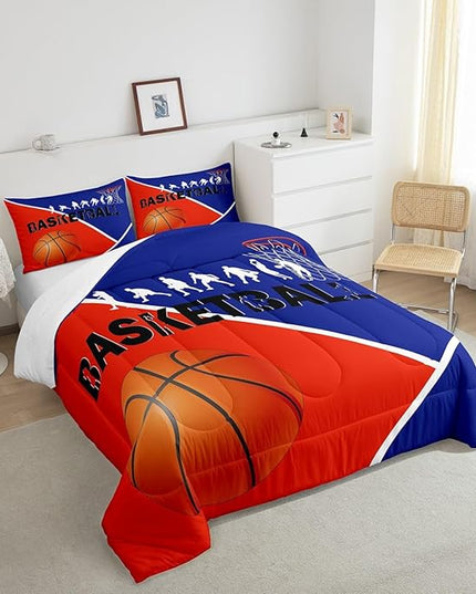 Erosebridal Basketball Full Bedding Sets for Boys Girls Basketball Player Comforter Set Sports Bedding Comforter Sets for Kids Teen Orange Blue Geometric Quilt Duvet 2 Pillow Cases Bedroom Dorm Decor - LeafyLoom