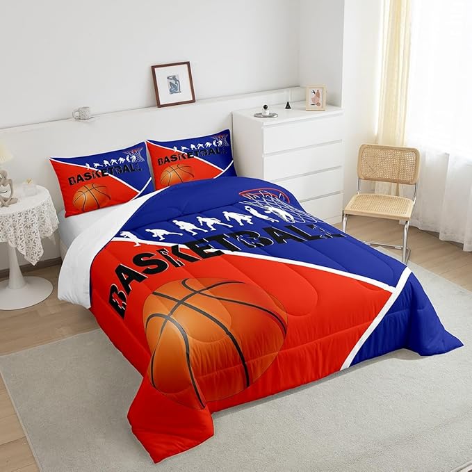 Erosebridal Basketball Full Bedding Sets for Boys Girls Basketball Player Comforter Set Sports Bedding Comforter Sets for Kids Teen Orange Blue Geometric Quilt Duvet 2 Pillow Cases Bedroom Dorm Decor - LeafyLoom