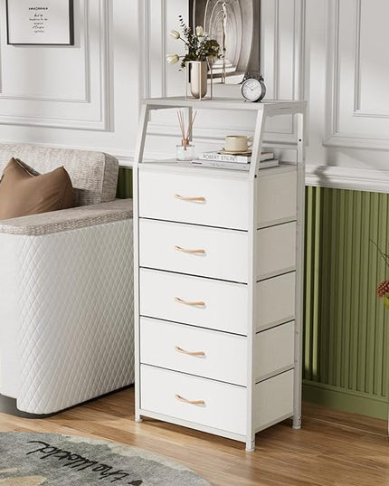 Furnulem White Dresser with 5 Drawers, Vertical Storage Tower Fabric Dresser for Bedroom, Hallway, Entryway, Nursery, Closet Organizer, Nightstand Bedside Table Furniture, Sturdy Steel Frame, Wood Top - LeafyLoom