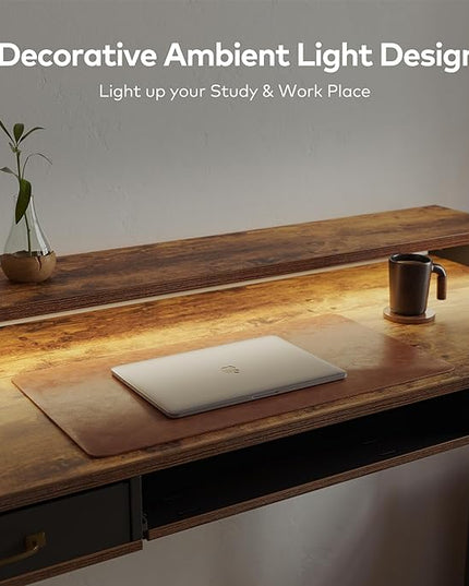 FEZIBO 48 x 24 Inch Height Adjustable Electric Standing Desk with Double Drawers&Keyboard Tray, Stand Up Desk with LED Strips, Sit Stand Desk with Monitor Stand, Rustic Brown - LeafyLoom