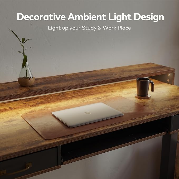 FEZIBO 48 x 24 Inch Height Adjustable Electric Standing Desk with Double Drawers&Keyboard Tray, Stand Up Desk with LED Strips, Sit Stand Desk with Monitor Stand, Rustic Brown - LeafyLoom