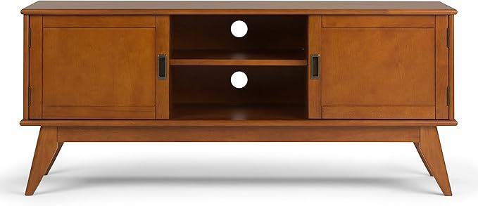 SIMPLIHOME Draper SOLID WOOD Universal TV Media Stand, 60 Inch Wide, Modern Industrial, Living Room Entertainment Center, for Flat Screen TVs up to 70 Inch in Teak Brown - LeafyLoom