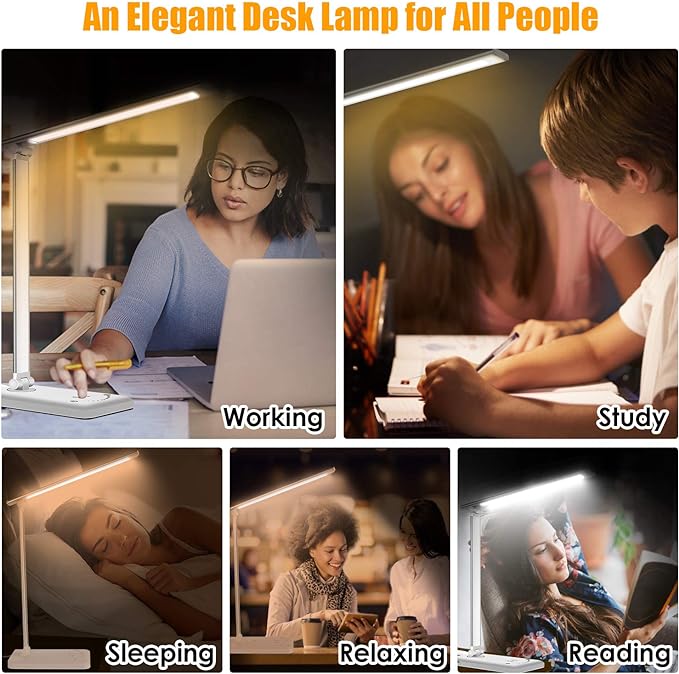 LED Desk Lamp, Eye-Caring Dimmable Table Lamps, Portable Office Lamp with USB Charging Port, 5 Lighting Modes, Timer Function, Touch Sensitive Control for Reading, Study, Working - LeafyLoom