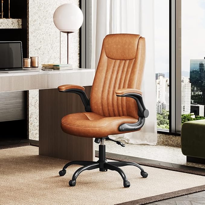 DEVAISE Computer Office Chair, High Back Ergonomic Desk Chair with Adjustable Flip-up Armrests, Lumbar Support and Thick Headrest, Executive Suede Fabric Swivel Task Chair, Brown - LeafyLoom