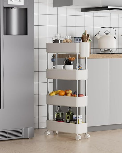 VECELO Storage Rolling Cart, 4 Tier Utility Cart Kitchen Slim Mobile Storage Unit Organizers with Wheels Hooks&Hanging Cups for Bedroom Bathroom Office Table Side in Narrow Places, White - LeafyLoom