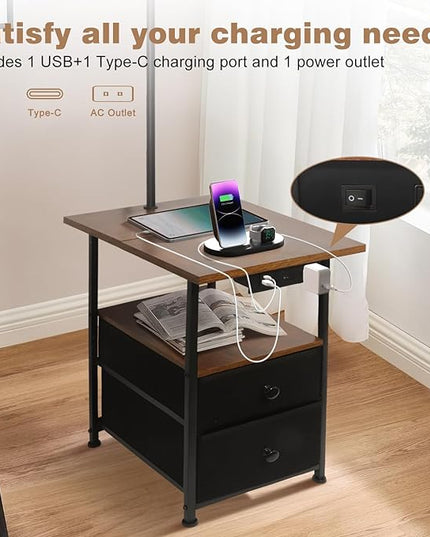 PESRAE Floor Lamp with Table & 2 Drawers, End Table with 3 Color Temperature Reading Light, Side Table Lamp with USB & Type C & AC Charging Port for Living Room, Bedroom - LeafyLoom