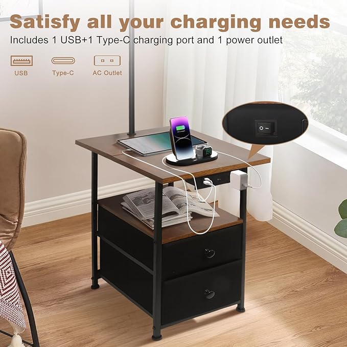 PESRAE Floor Lamp with Table & 2 Drawers, End Table with 3 Color Temperature Reading Light, Side Table Lamp with USB & Type C & AC Charging Port for Living Room, Bedroom - LeafyLoom