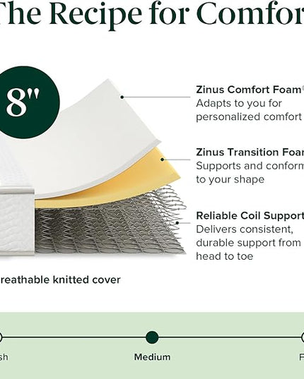 ZINUS 8 Inch Foam and Spring Hybrid Mattress [New Version], King, Fiberglass free, Medium Firmness, Durable Support, Certified Safe Foams & Fabric, Mattress in A Box - LeafyLoom