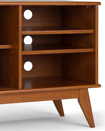 SIMPLIHOME Draper SOLID HARDWOOD 60 Inch Wide Mid Century Modern TV Media Stand in Teak Brown For TVs up to 65 Inches, For the Living Room and Entertainment Center - LeafyLoom