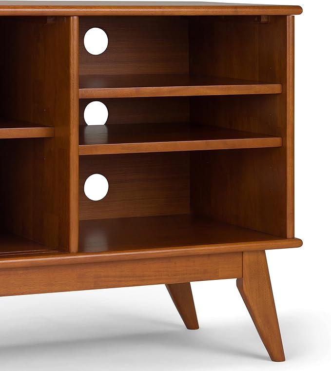 SIMPLIHOME Draper SOLID HARDWOOD 60 Inch Wide Mid Century Modern TV Media Stand in Teak Brown For TVs up to 65 Inches, For the Living Room and Entertainment Center - LeafyLoom