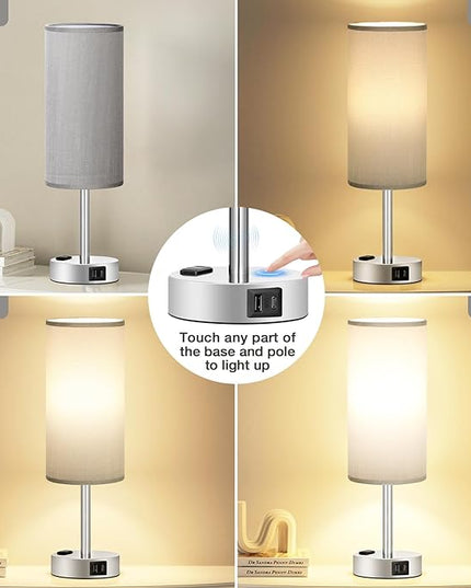 Grey Nightstand Table Lamp for Bedroom - 3 Way Dimmable Bedside Lamp USB C A Charging Ports and AC Outlet, Small Table Lamp Silver Base for Living Room, Office Desk, LED Bulb Included - LeafyLoom