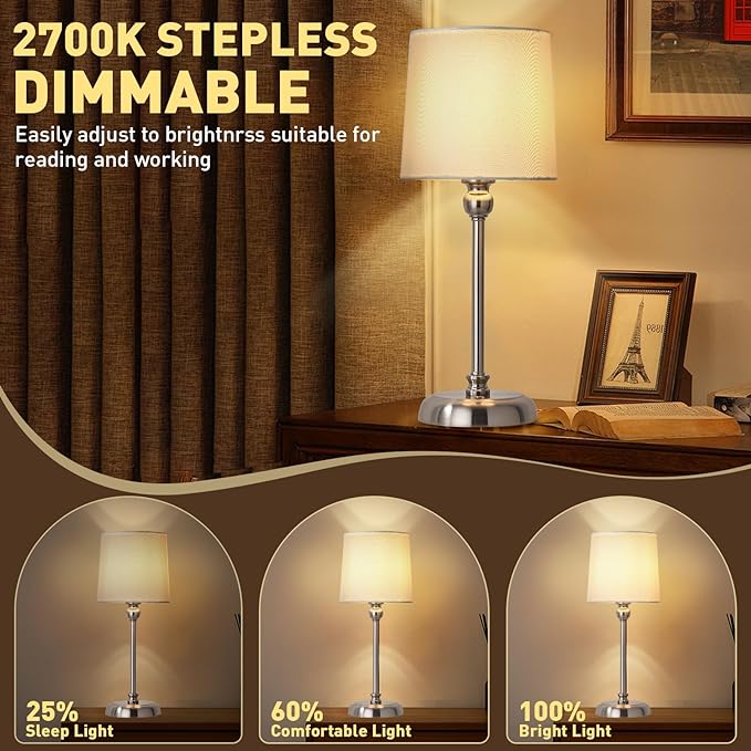 Cordless LED Table Lamp, 6000mAh Rechargeable Bedside Night Lamp for Bedroom, Portable Touch Stepless Dimmable Battery Operated Lamp, Ambient Light for Patio Restaurant(Brushed Nickel H) - LeafyLoom