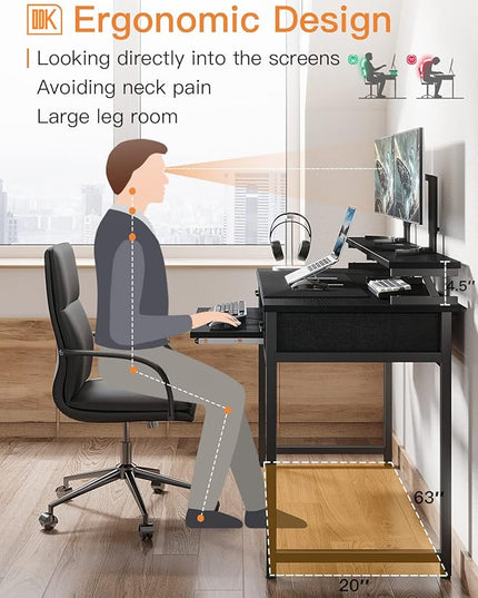 ODK Computer Desk Study Table, 63 Inch Office Desk with Drawers and Keyboard Tray, Study Desk Work Desk with Monitor Shelf, Writing Desk with Storage for Home Office, Black - LeafyLoom