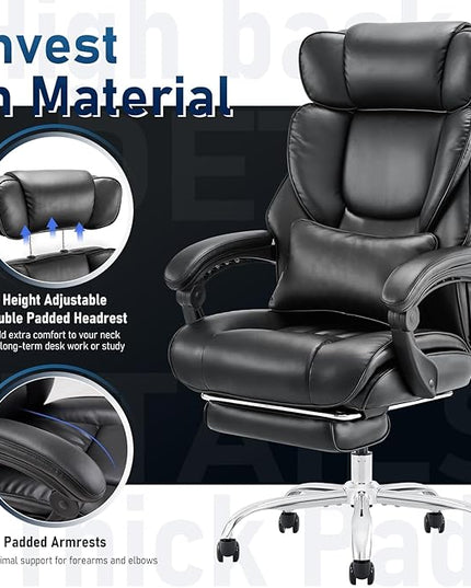 Executive Office Chair with Footrest, Ergonomic High Back Desk Chair, Computer Chair with Adjustable Headrest, Height, Tilt Lock, Extra Lumbar Support Pillow for Comfort, Large Home Office Chair-Black - LeafyLoom