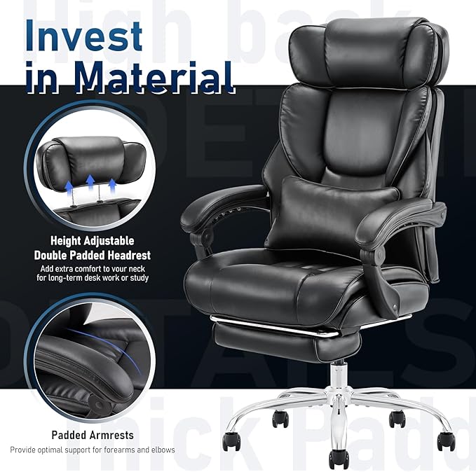 Executive Office Chair with Footrest, Ergonomic High Back Desk Chair, Computer Chair with Adjustable Headrest, Height, Tilt Lock, Extra Lumbar Support Pillow for Comfort, Large Home Office Chair-Black - LeafyLoom