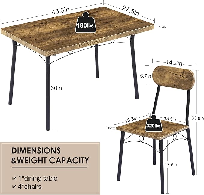 VECELO Dining Table Set for 4, 5 Piece Dinette with Chairs for Kitchen, Breakfast Nook and Small Space, Brown, 43.3" - LeafyLoom