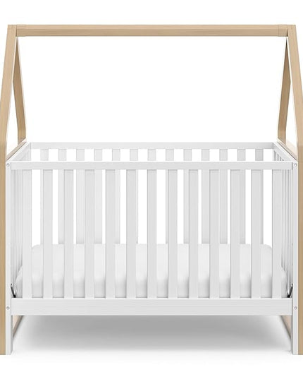 Storkcraft Orchard 5-in-1 Convertible Crib (White with Driftwood) – GREENGUARD Gold Certified, Canopy Style Baby Crib, Converts from Crib to Toddler Bed, Daybed and Full-Size Bed - LeafyLoom