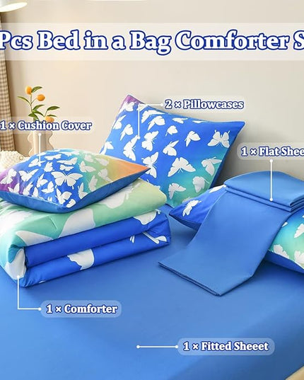 Butterfly Bedding Set Full, Blue Butterfly Comforter Set for Girls Kids Teens 6 pcs Bed in a Bag Full Bedding Sets for Girls - LeafyLoom