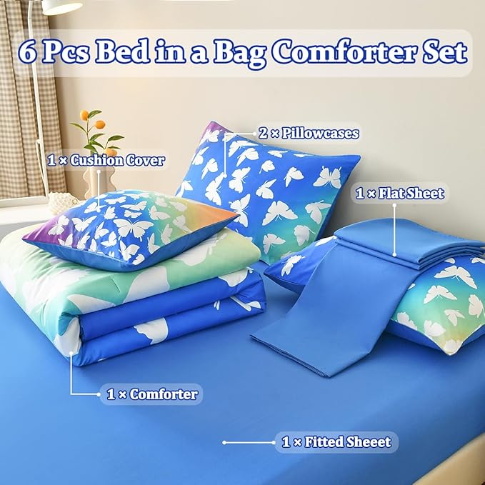 Butterfly Bedding Set Full, Blue Butterfly Comforter Set for Girls Kids Teens 6 pcs Bed in a Bag Full Bedding Sets for Girls - LeafyLoom