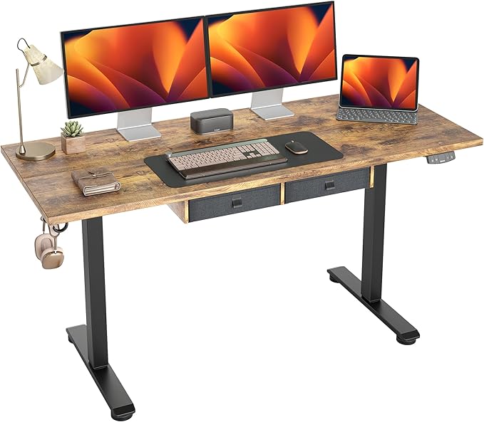 Standing Desk with 2 Drawers, Adjustable Height Electric Desk with Storage, 63 x 24 Inches Sit Stand Up Computer Table for Work Office Home, Rustic Brown - LeafyLoom