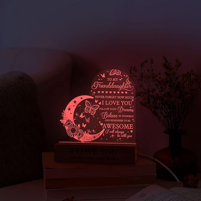 ARTSYWIX Granddaughter 3D Illusion Lamp with Wooden Base USB Powered Acrylic Night Light, to my Granddaughter Gift from Grandma & Grandpa, Girls Kids Lamp Present, Birthday Gifts Graduation Keepsake - LeafyLoom