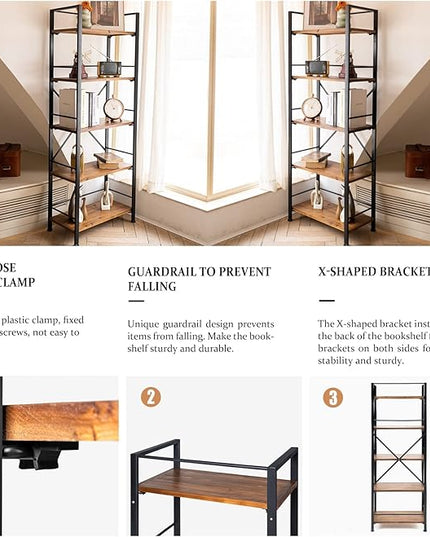 Rustic Bookshelf, 5 Tier Real Wood Bookshelf, Metal Book Shelf for Storage, Black Bookcase, 12.6" D x 23.62" W x 64.17" H - LeafyLoom