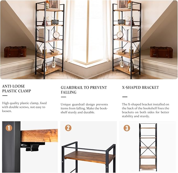 Rustic Bookshelf, 5 Tier Real Wood Bookshelf, Metal Book Shelf for Storage, Black Bookcase, 12.6" D x 23.62" W x 64.17" H - LeafyLoom