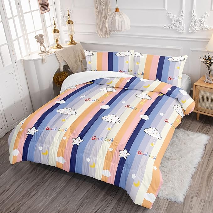 Datura home Cloud Stylish Comforter Bedding Set for Kids Children,Boys and Girls coulorful Stripe with Dot Cute Sky Bedding Set with 1 Comforter and 2 Pillowcases(Cloud Twin) - LeafyLoom