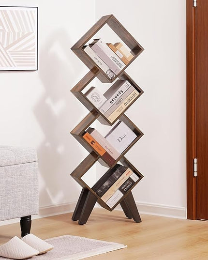 Yoobure Small Bookshelf, Tall 4-Tier Book Shelf, Wood Bookcase Book Organizer, Industrial Bookshelves Floor Standing for CDs/Books in Small Spaces, Bedroom, Living Room, Home Office - LeafyLoom