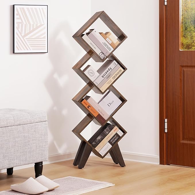 Yoobure Small Bookshelf, Tall 4-Tier Book Shelf, Wood Bookcase Book Organizer, Industrial Bookshelves Floor Standing for CDs/Books in Small Spaces, Bedroom, Living Room, Home Office - LeafyLoom