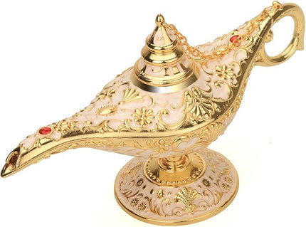 Classic Aladding Magic Genie Lamp Legend Wishing Light Costume Lamp Metal Carved Cone Incense Burner for Home Tabletop Decoration Party Birthday Halloween Christmas(Beige) - LeafyLoom