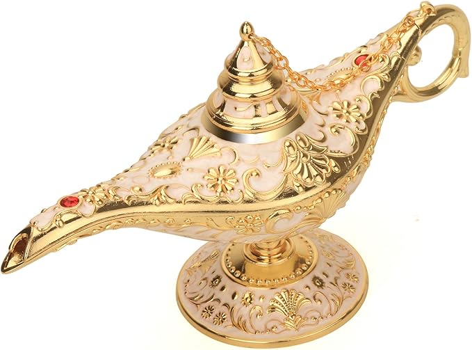 Classic Aladding Magic Genie Lamp Legend Wishing Light Costume Lamp Metal Carved Cone Incense Burner for Home Tabletop Decoration Party Birthday Halloween Christmas(Beige) - LeafyLoom