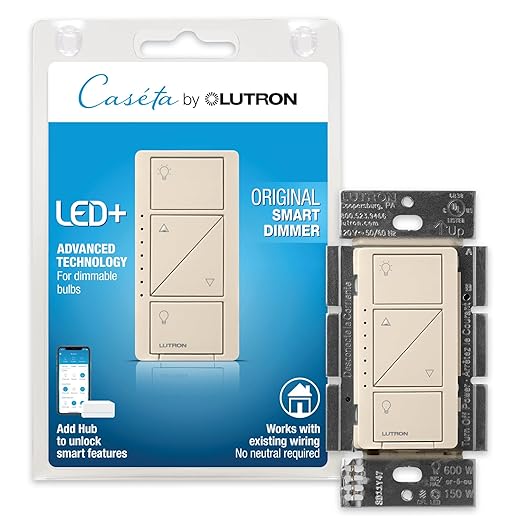 Lutron Caseta Original Smart Dimmer Switch (Lutron Smart Hub Required), for LED Lights, 150 Watt, Single-Pole/3-Way, No Neutral Required, PD-6WCL-LA, Light Almond Lutron