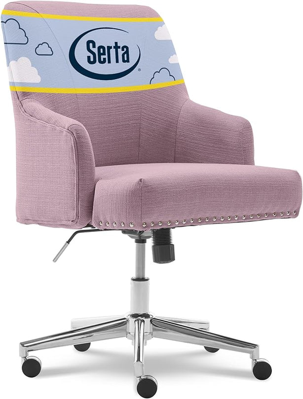 Serta Leighton Modern Office Chair, Stylish Mid-Back Desk Chair, Rivet Detail, Serta Quality Memory Foam, Armchair with Wheels, Vanity Chair, Swivel Chrome Metal Base, Twill Fabric, Lilac Purple - LeafyLoom