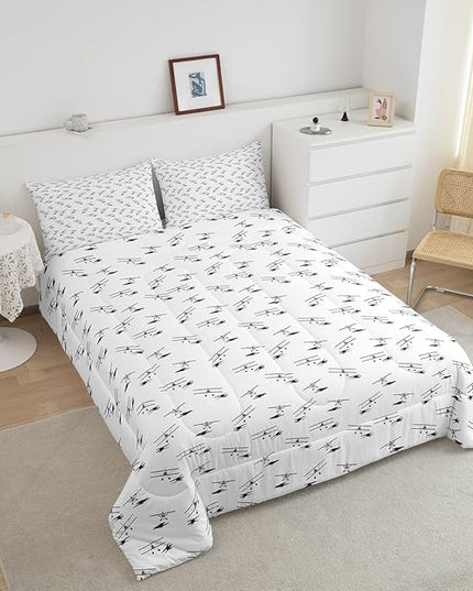 Feelyou Airplane Bedding Set King Size Flight Comforter Set for Kids Boys Girls Decor Vintage Aircraft Comforter Helicopter Flying Plane Blue and White Duvet Set Bedroom Quilt Set - LeafyLoom