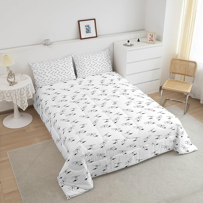 Feelyou Airplane Bedding Set King Size Flight Comforter Set for Kids Boys Girls Decor Vintage Aircraft Comforter Helicopter Flying Plane Blue and White Duvet Set Bedroom Quilt Set - LeafyLoom