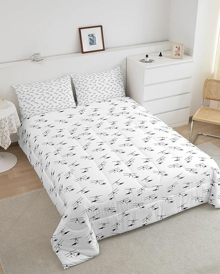 Feelyou Airplane Bedding Set Twin Size Flight Comforter Set for Kids Boys Girls Decor Vintage Aircraft Comforter Helicopter Flying Plane Blue and White Duvet Set Bedroom Quilt Set - LeafyLoom