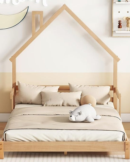 Full Size Bed Frame for Kids,House-Shaped Headboard Kids Bed,Girls Bed with Handrails,Low Platform Bed for Boys Girls,No Box Spring Needed(Natural) - LeafyLoom