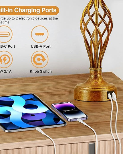 Table Lamp for Bedroom Set of 2 with USB C+A Ports - Modern Gold Bedside Lamps with Spiral Cage Base Fabric Shade - Nightstand Lamp for Living Room Reading Bed Side End Table 2 LED Bulbs Included - LeafyLoom