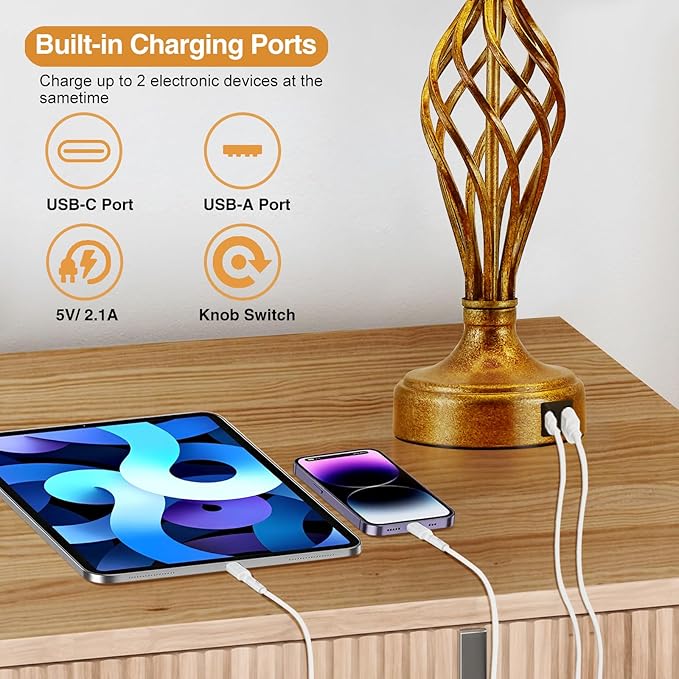 Table Lamp for Bedroom Set of 2 with USB C+A Ports - Modern Gold Bedside Lamps with Spiral Cage Base Fabric Shade - Nightstand Lamp for Living Room Reading Bed Side End Table 2 LED Bulbs Included - LeafyLoom