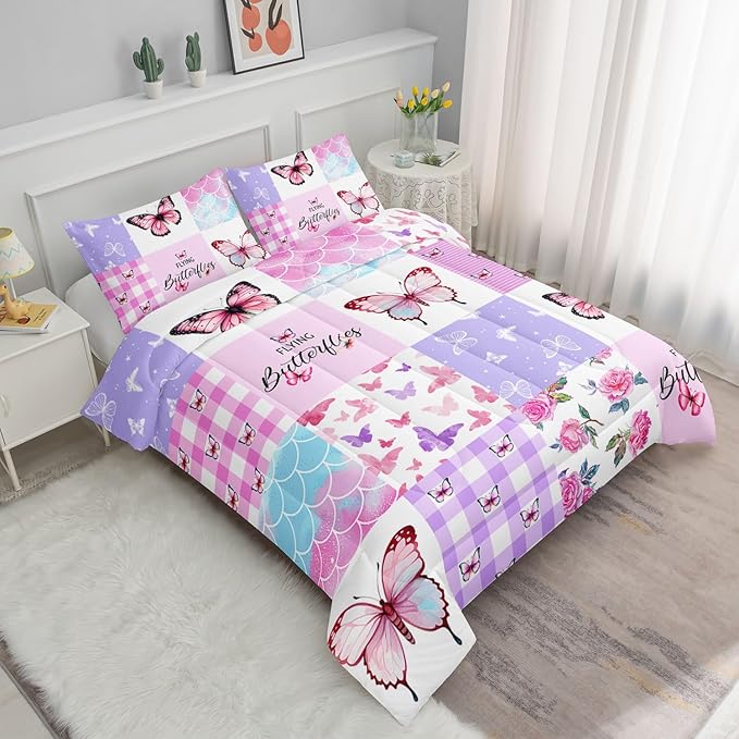 Datura home Kids Comforter Set Mermaid Scale Butterfly Printed Pattern Bedding Set with 1 Comforter and 2 Pillowcases for Girls Boys Bedroom All Season(Mermaid1 Twin) - LeafyLoom