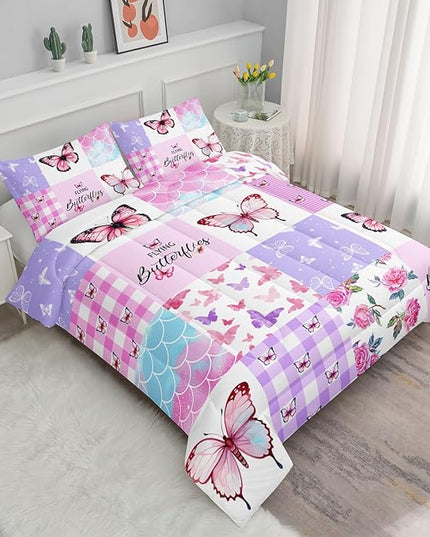 Datura home Kids Comforter Set Mermaid Scale Butterfly Printed Pattern Bedding Set with 1 Comforter and 2 Pillowcases for Girls Boys Bedroom All Season(Mermaid1 Full) - LeafyLoom