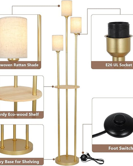 Floor Lamps for Living Room, 3-Lights Modern Floor Lamp with Shelves, Gold Standing Lamp with Fabric Shade and Foot Switch, Shelf Standing Lamps with Table, Tall Table Lamps for Bedroom Office - LeafyLoom