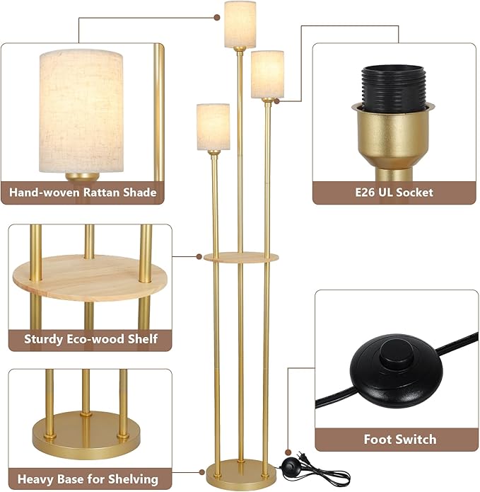 Floor Lamps for Living Room, 3-Lights Modern Floor Lamp with Shelves, Gold Standing Lamp with Fabric Shade and Foot Switch, Shelf Standing Lamps with Table, Tall Table Lamps for Bedroom Office - LeafyLoom