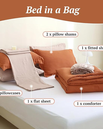 MILDLY Full Size Comforter Set 7 Piece Color Clash, Rust Bed in a Bag, All Season Bedding Sets with 1 Comforter, 2 Pillow Shams, 2 Pillowcases, 1 Flat Sheet, 1 Fitted Sheet - LeafyLoom