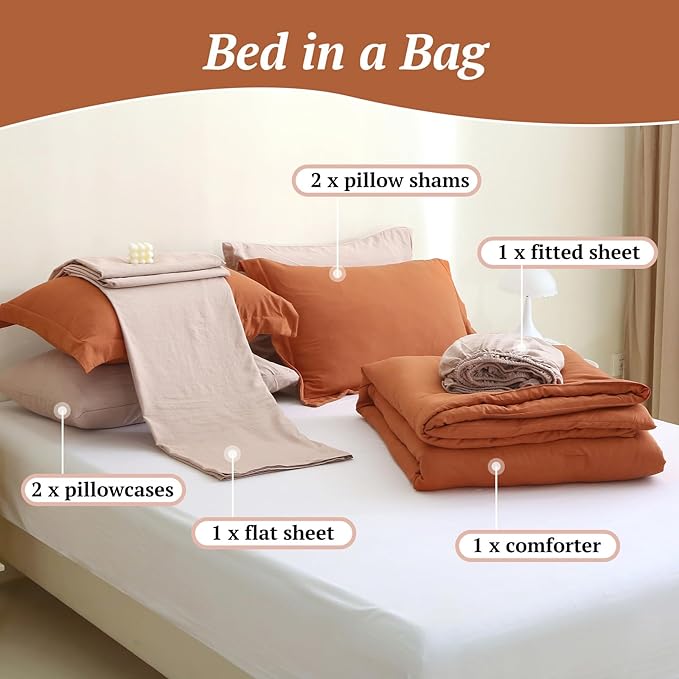 MILDLY Full Size Comforter Set 7 Piece Color Clash, Rust Bed in a Bag, All Season Bedding Sets with 1 Comforter, 2 Pillow Shams, 2 Pillowcases, 1 Flat Sheet, 1 Fitted Sheet - LeafyLoom